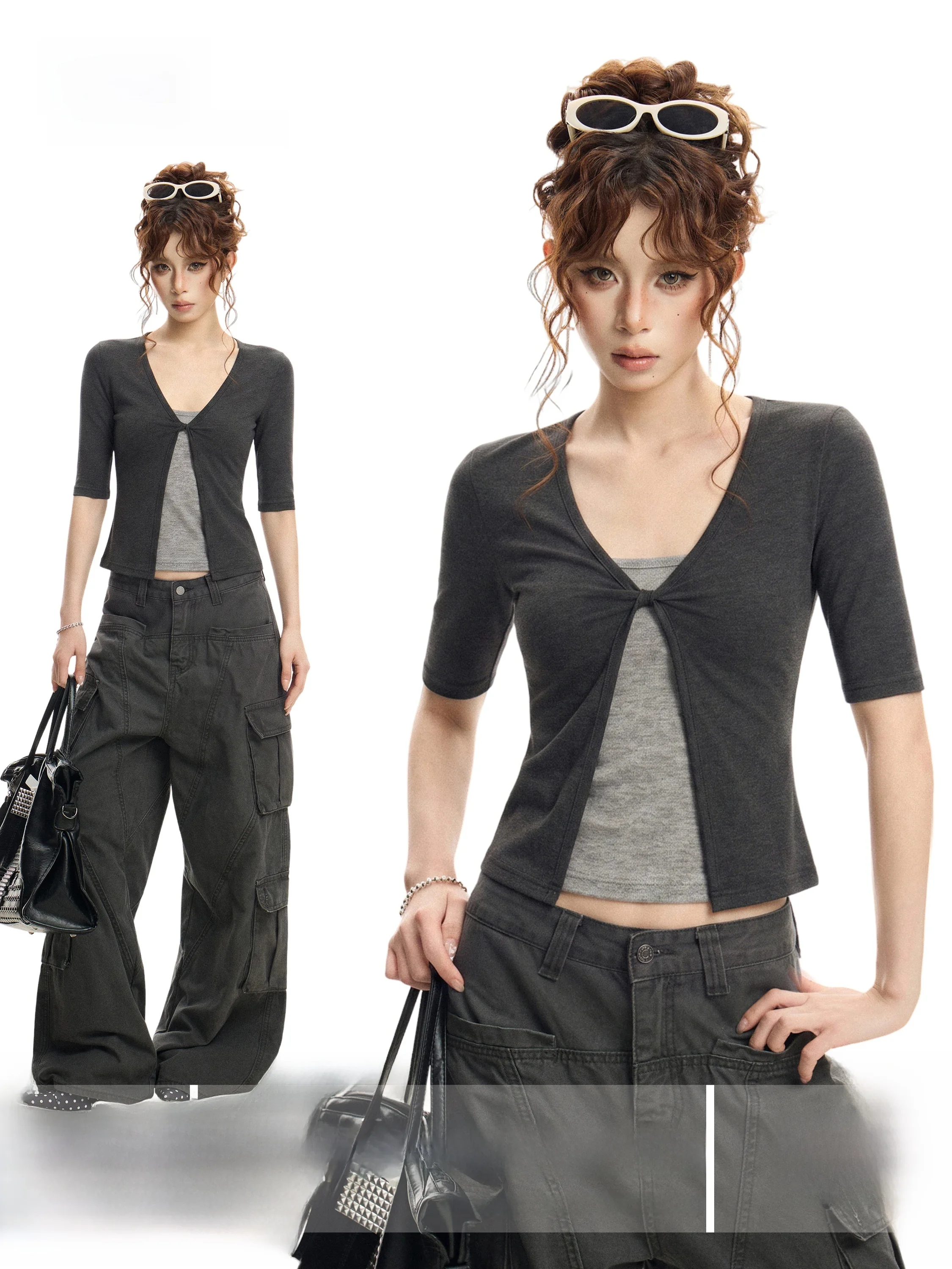 Slim Fit V-Neck Short Sleeve American Grey T-Shirt Women's Early Autumn Design Half Sleeve Open Cardigan Top Two-Piece Set