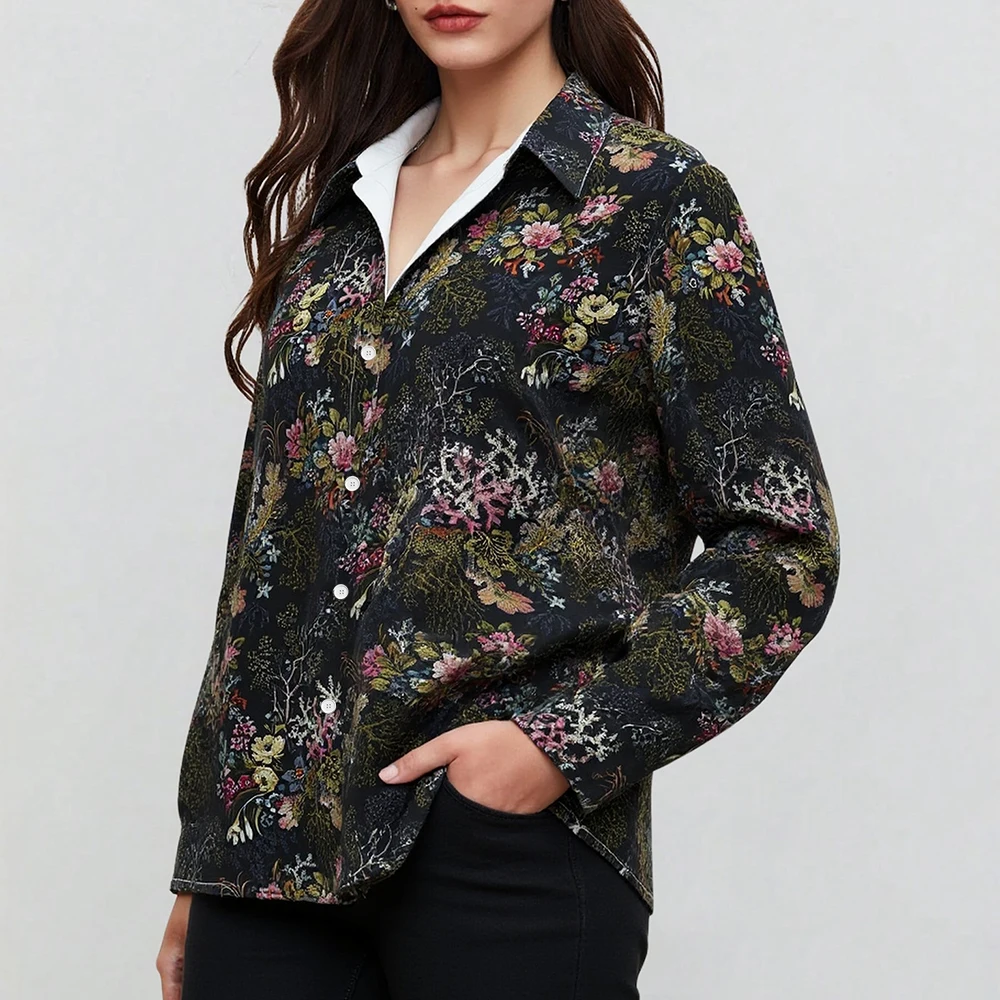 

Mia Muse Women's Shirts Autumn Winter Elegant Daily 2025 Buttoned Floral Long Sleeve Turn-down Collar Casual Shirts