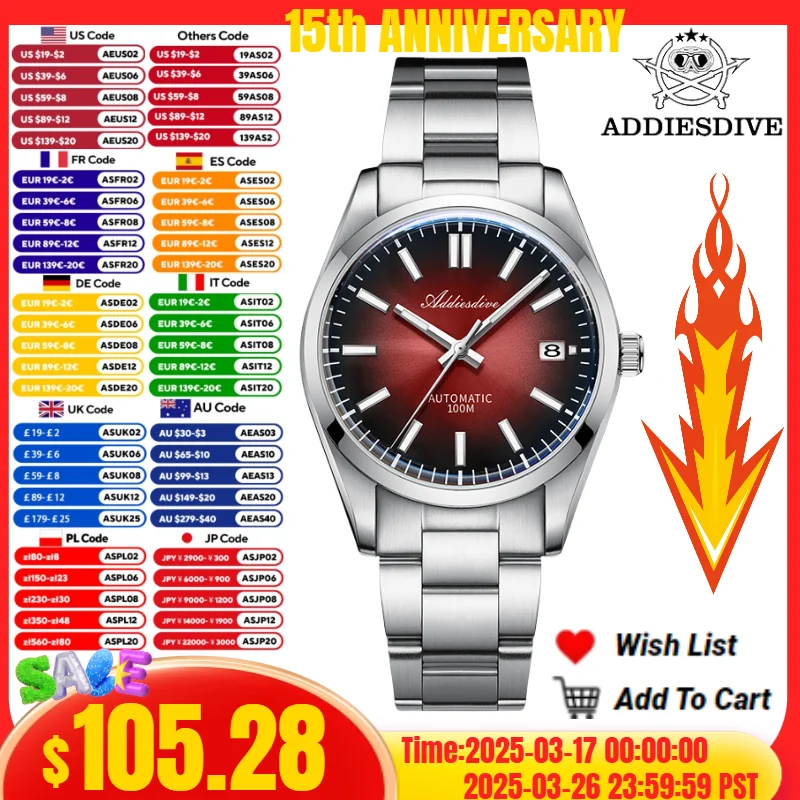 ADDIESDIVE TOP Hot Watch For Men Sunburst Dial Sapphire Glass 10Bar Diving BGW9 Luminous NH35A Automatic Mechanical Watches