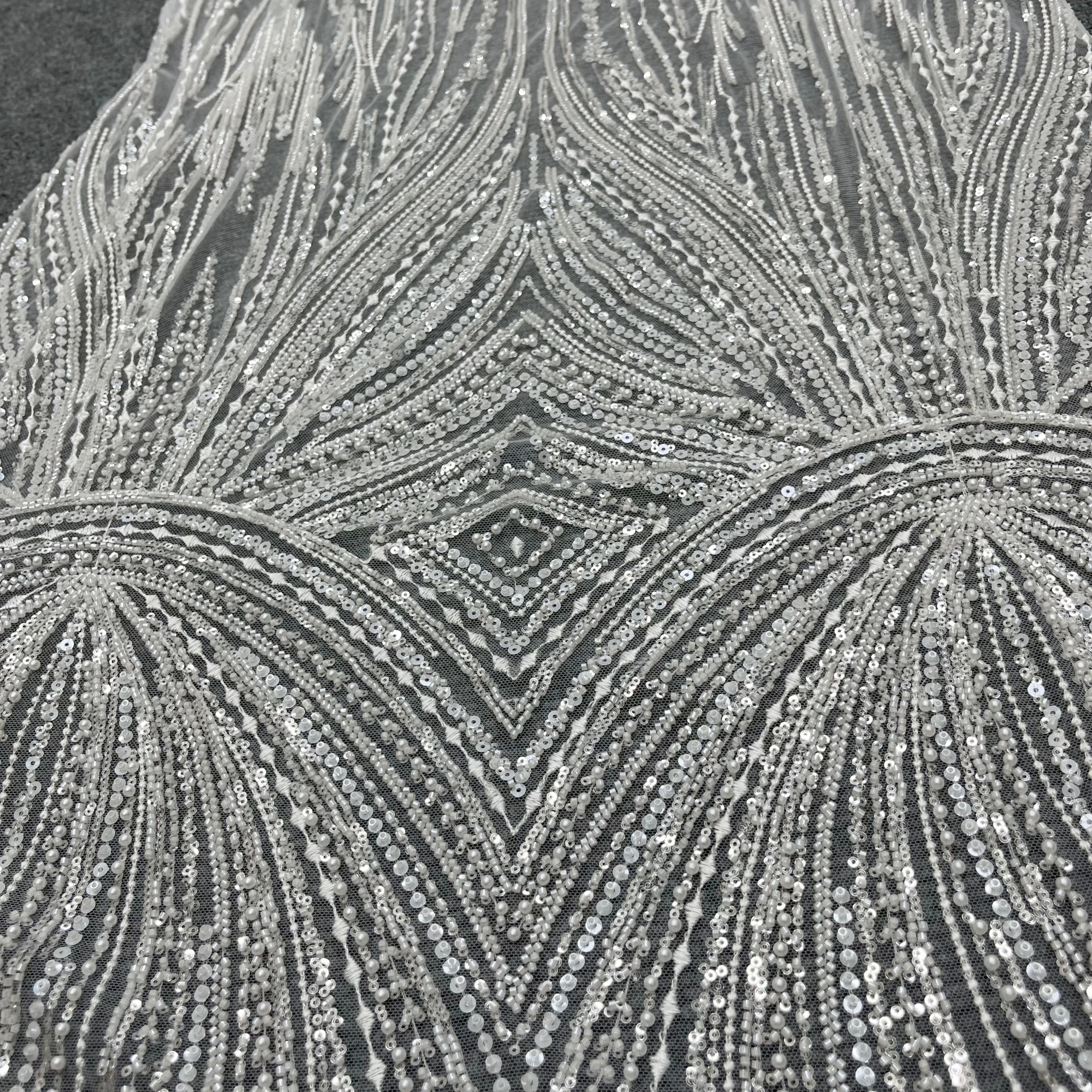 Luxury Delicate Lines Sequins Beads Lace Embroidery Wedding Dress Lace Fabrics