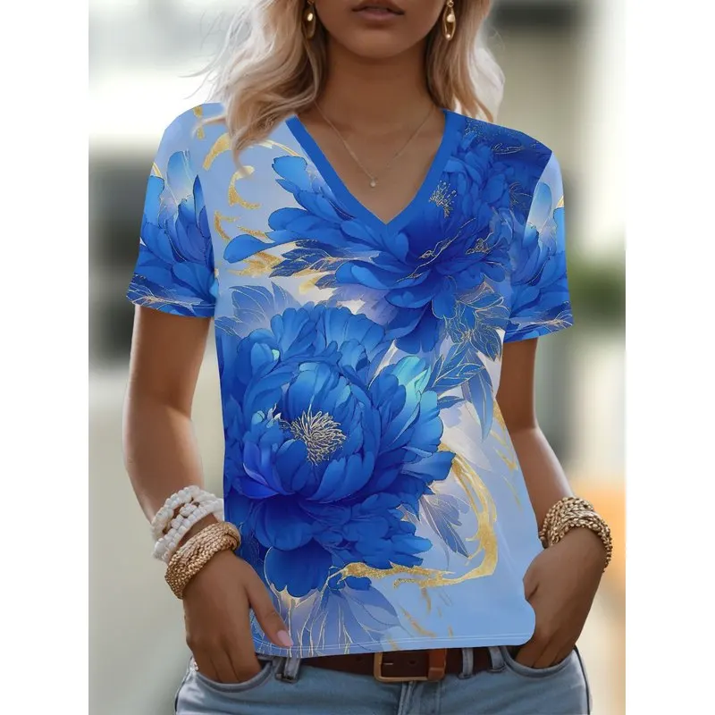 [Floral Women's] Blue Peony Floral Women's Digital Print Summer T-Shirt - Sweet & Slightly Mature Style V-Neck Short Sleeve