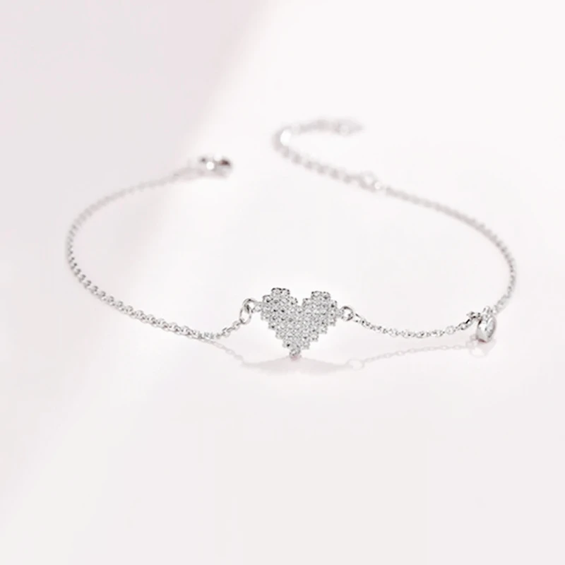 Sole Memory Simple Sweet Romantic Zircon Heart 925 Sterling Silver Female Resizable Bracelets BR243