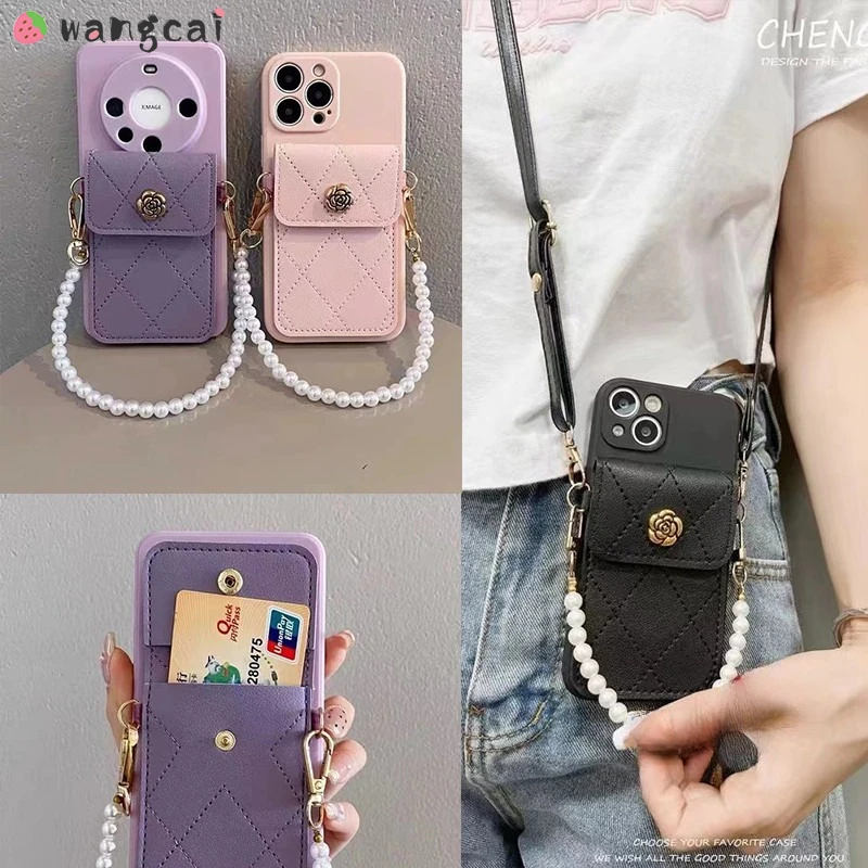 For Realme 11 10 9 X2 X7 Pro Ultra 9i V23 Q3s Q GT Neo 3 GT Explorer Master Pearl Chain Camellia Phone Case +Cross-body Lanyard