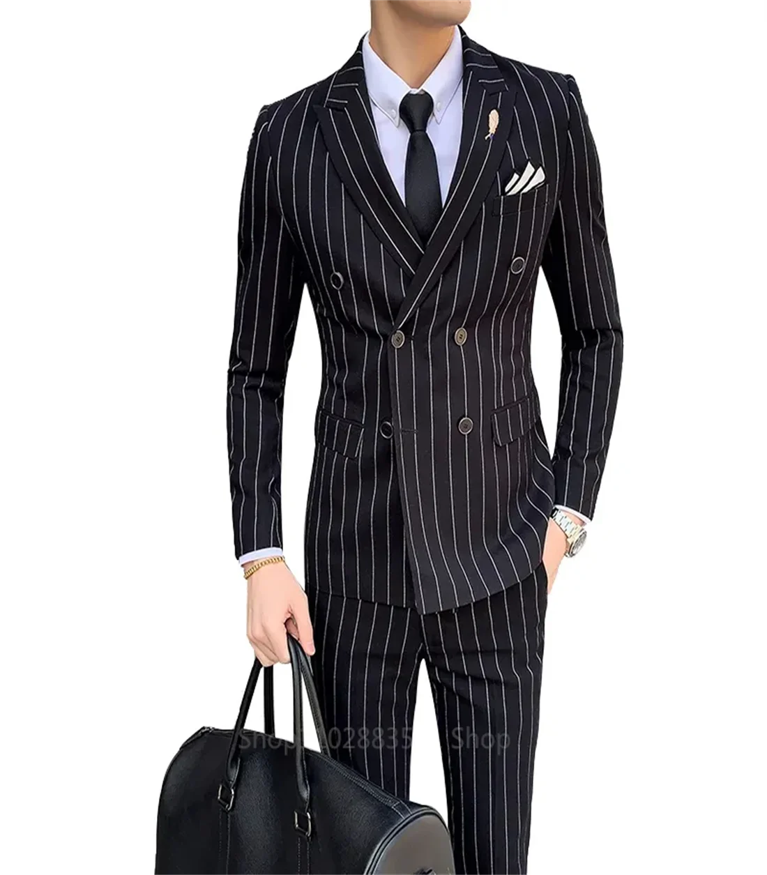 2 Pieces Vertical Stripe Men\'s Suit Homme Slim Fit Business Korean Edition Double Breasted Suit Wedding Banquet Set of