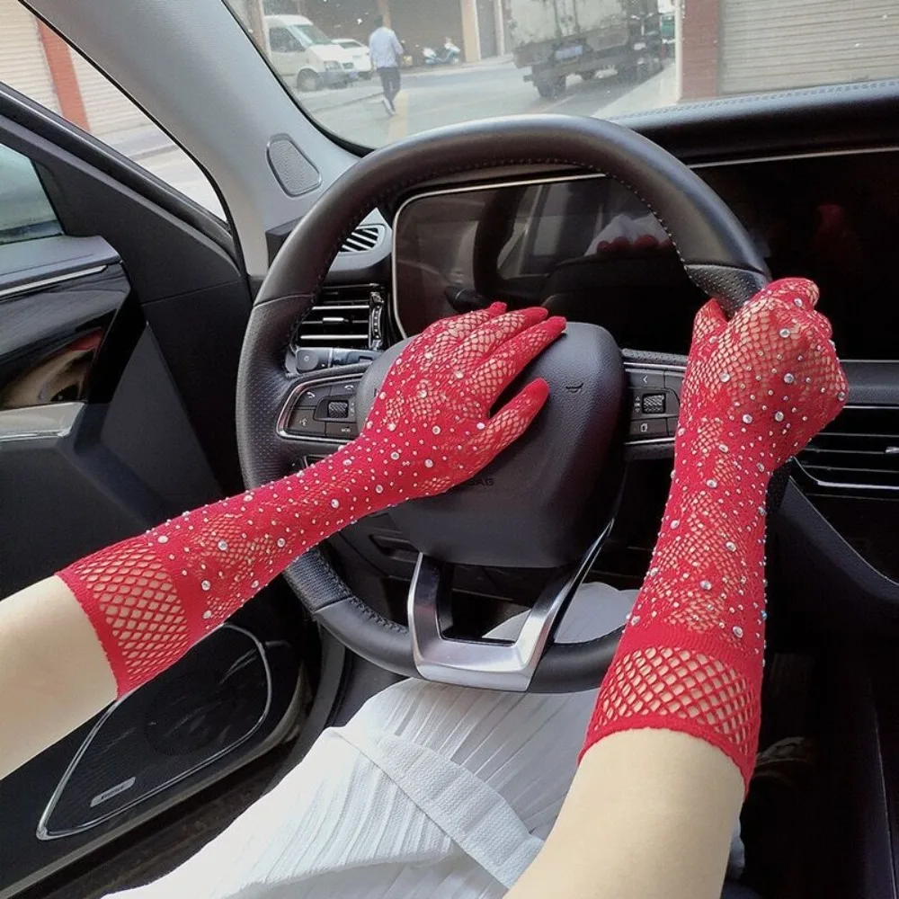 

New Mesh Long Mittens Glitter Rhinestone Party Dress Fishnet Gloves Dance Costume Punk Hip Hop Performance Gloves Gift
