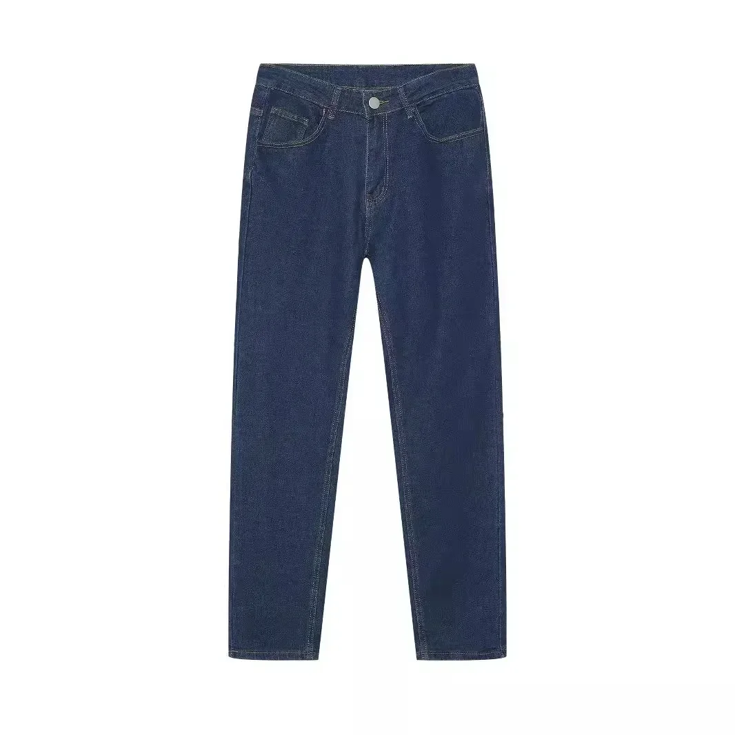 ตรงกางเกงยีนส์ผู้ชายฤดูใบไม้ร่วง Vintage Casual Denims สีทึบกลางเอวพื้นฐานข้อเท้าความยาวกางเกงยีนส์ยืดกางเกงดินสอ