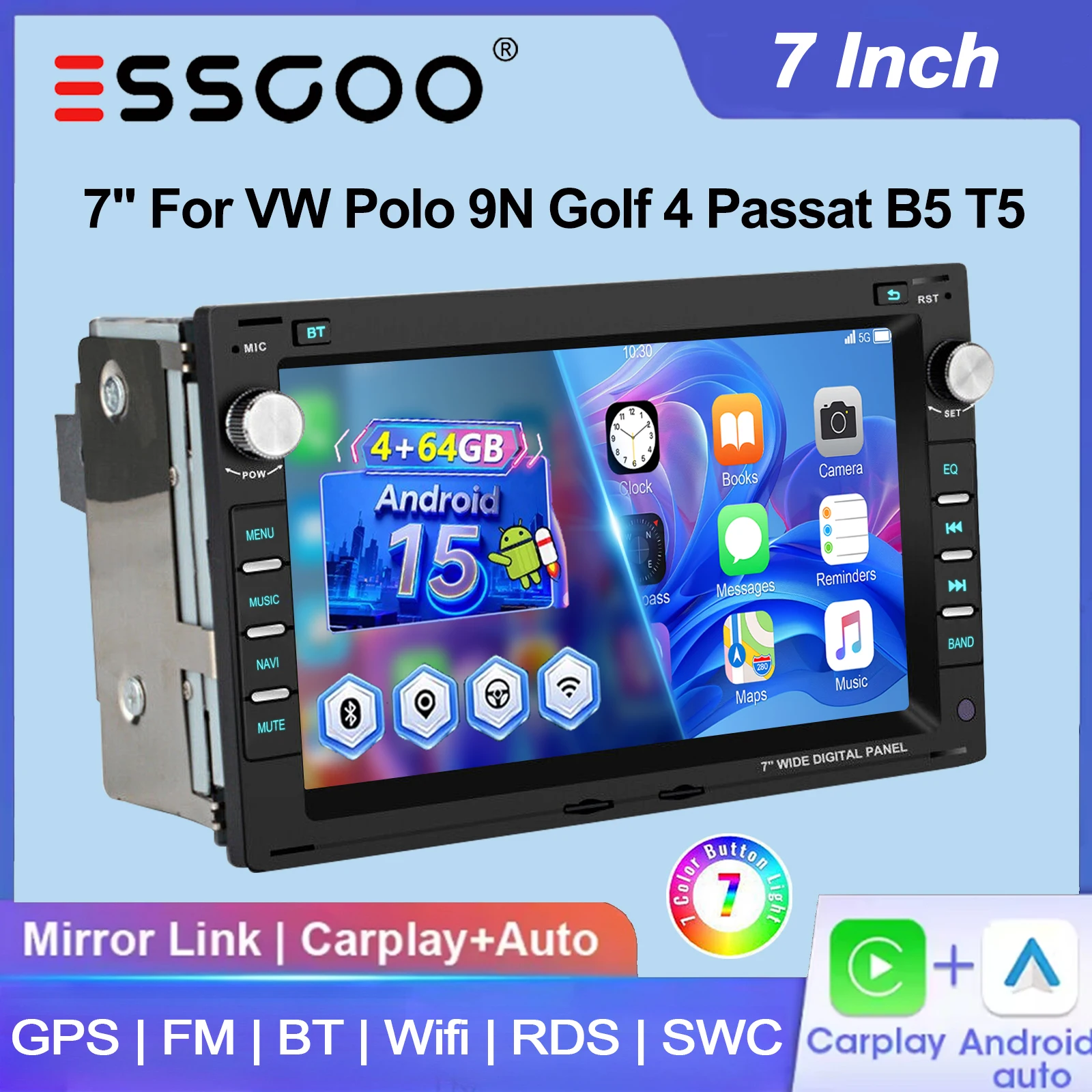 ESSGOO 7" Android 15 4+64G Wireless Carplay Android Auto für VW Polo 9N Golf MK4 Passat B5 T5 Autoradio GPS-Navigation Radio FM BT WiFi RDS SWC Mirror Link ASP IPS Touchscreen mit Mikrofon