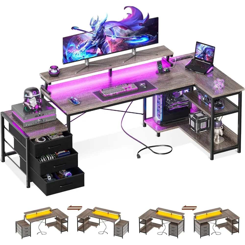 

L-Shaped Gaming Desk with 3 Reversible Fabric Drawers and Charging Station, Computer Desk with LED Strip, Corner Large Table wi