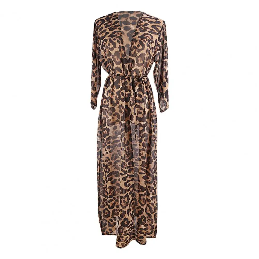 Quick-drying Chiffon Bikini Cover Up Leopard Print Chiffon Cardigan Stylish Long Sleeve Beach Cover Up with Lace-up Front