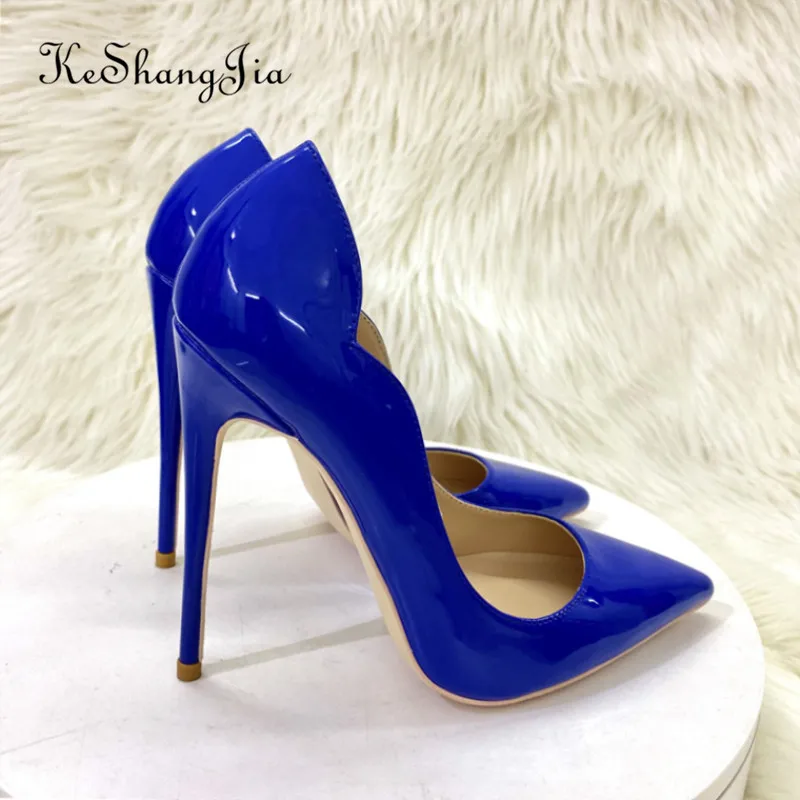 KeShangJjia Blue Women Patent Curl Cut Pointy Toe Stiletto Pumps Chic Ladies Ultra High Heel Shoes Customize 8cm 10cm 12cm