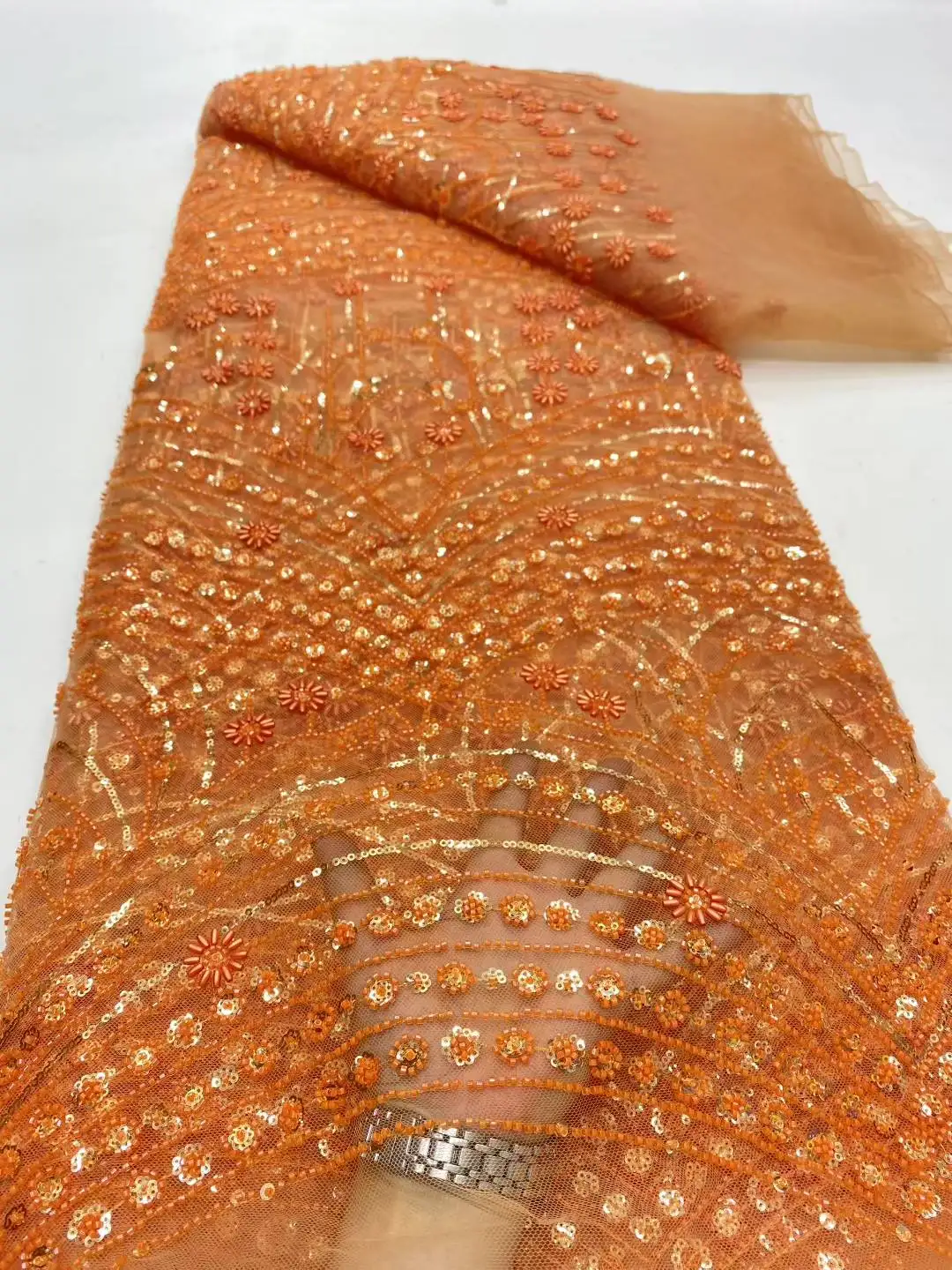 

African Beaded 2025 High Quality Nigerian Sequins With Pearl Lace French Tulle Lace Fabric For Party Dress Sewing