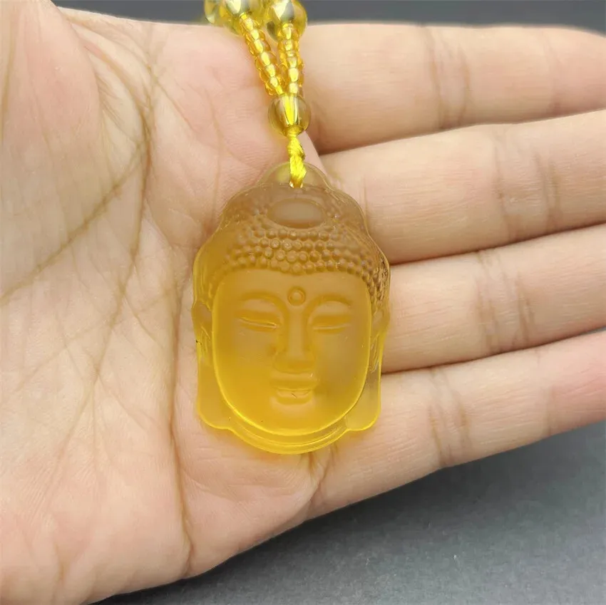 

Yellow Quartz Carved Buddha Lucky Amulet Pendant Necklace Frosted Buddha head Statue