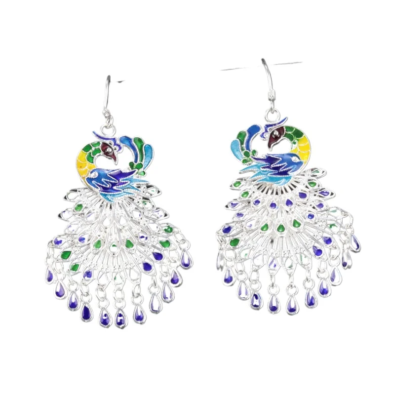 

925 Sterling Silver Enamel Peacock Tassel Drop Earrings for Women Statement Bohemian Bird Chandelier Earrings Jewelry EH158
