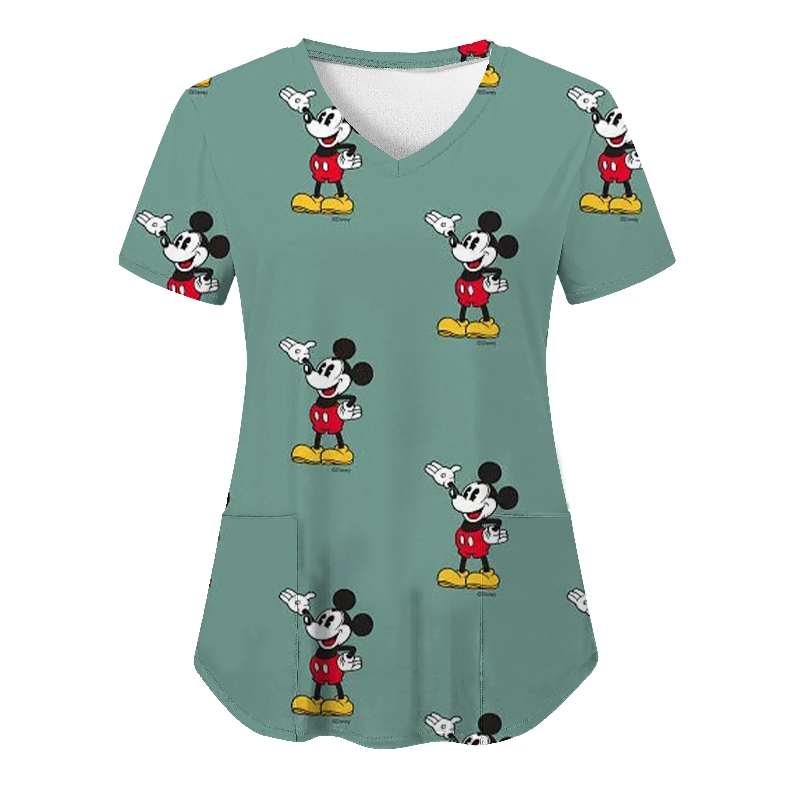 

T-shirt Pocket Mickey Woman Clothes Hospital T-shirts Minnie Mouse Top Women 2026 Nurse Uniform Tops V Neck Summer Disney Tees