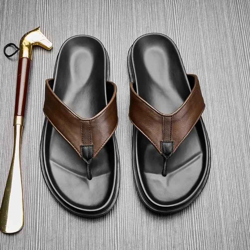 2026 Summer New Mens Genuine Leather Flip Flops Luxury Handmade Quality Comfortable Outdoor Fashion Beach Slippers Man Size 44