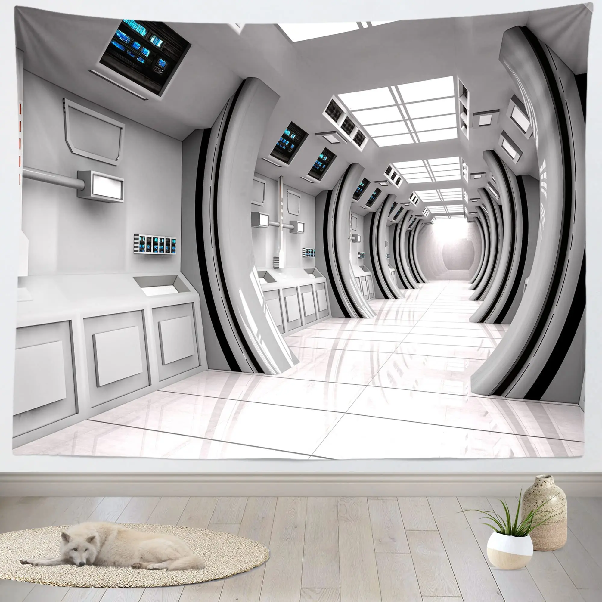 Futuristic Tapestry SciFi Corridor Space Ship Tapestry Space Station Tapestry Wall Hanging for Bedroom Living Room Dorm Decor