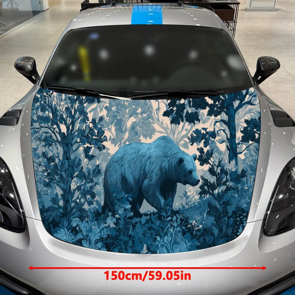Car Decal Bear with Blue Forest Silhouette Artistic Background & Mystic-Nature-Gothic Aesthetic Car Hood Sticker, Waterproof Sel