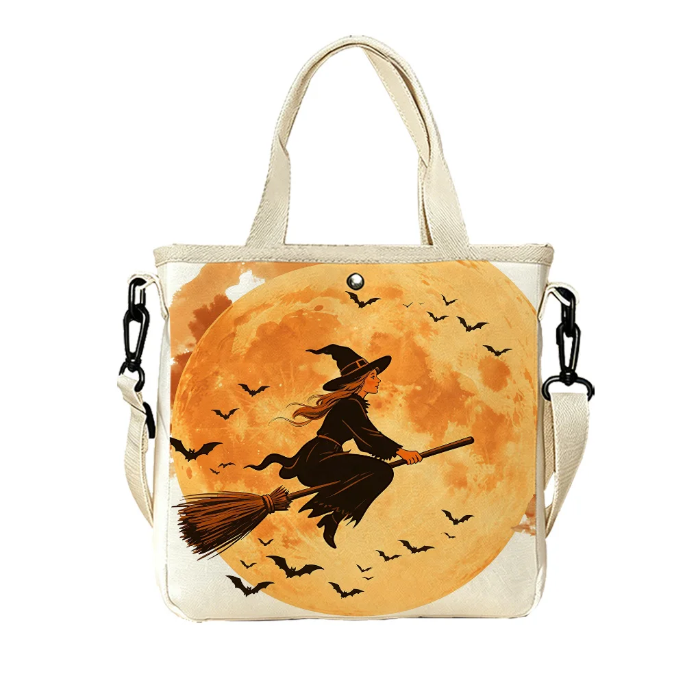 Witch flying broom Double-Sided Printed Canvas Tote Handbag Detachable Crossbody Strap Women Purse for Adventures