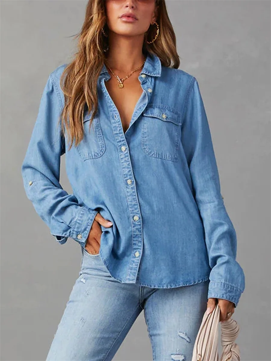 New Fashion Women Denim Shirts Solid Color Turn Down Collar Long Sleeve Jean Blouses Spring Loose Casual Tops Streetwear S-XL