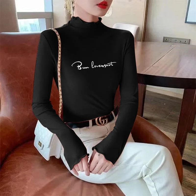 2023 New Women Oversized Outer Wearing Half High Collar Base Shirt Versatile Autumn Winter Letter Printed T-shirt Top Undershirt