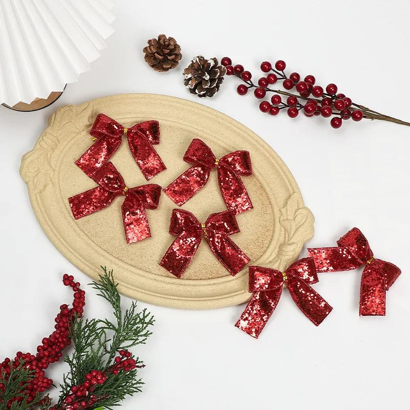 Merry Christmas Bow Supplies Christmas Tree Decoration Pendant Sequin Bowknot Red Home Decoration Products 2024 Happy New Year