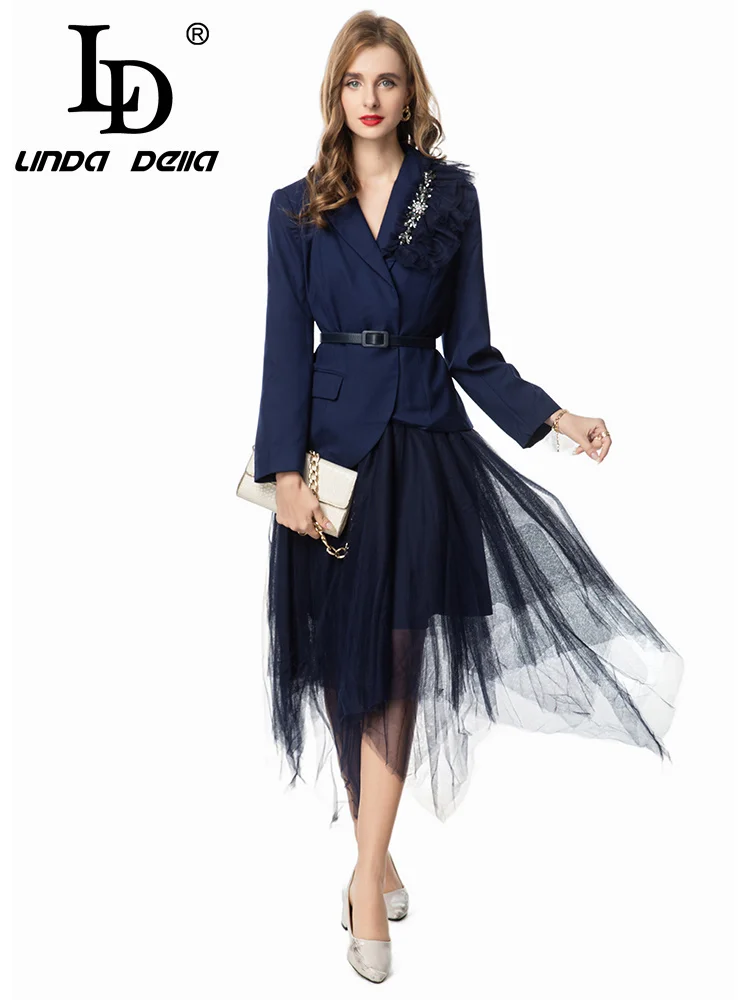 

LD LINDA DELL 2025 Autumn New Solid Color Blue Retro Nail Bead Set Fashion Commuter Leisure Women's Fashion Two Piece Set