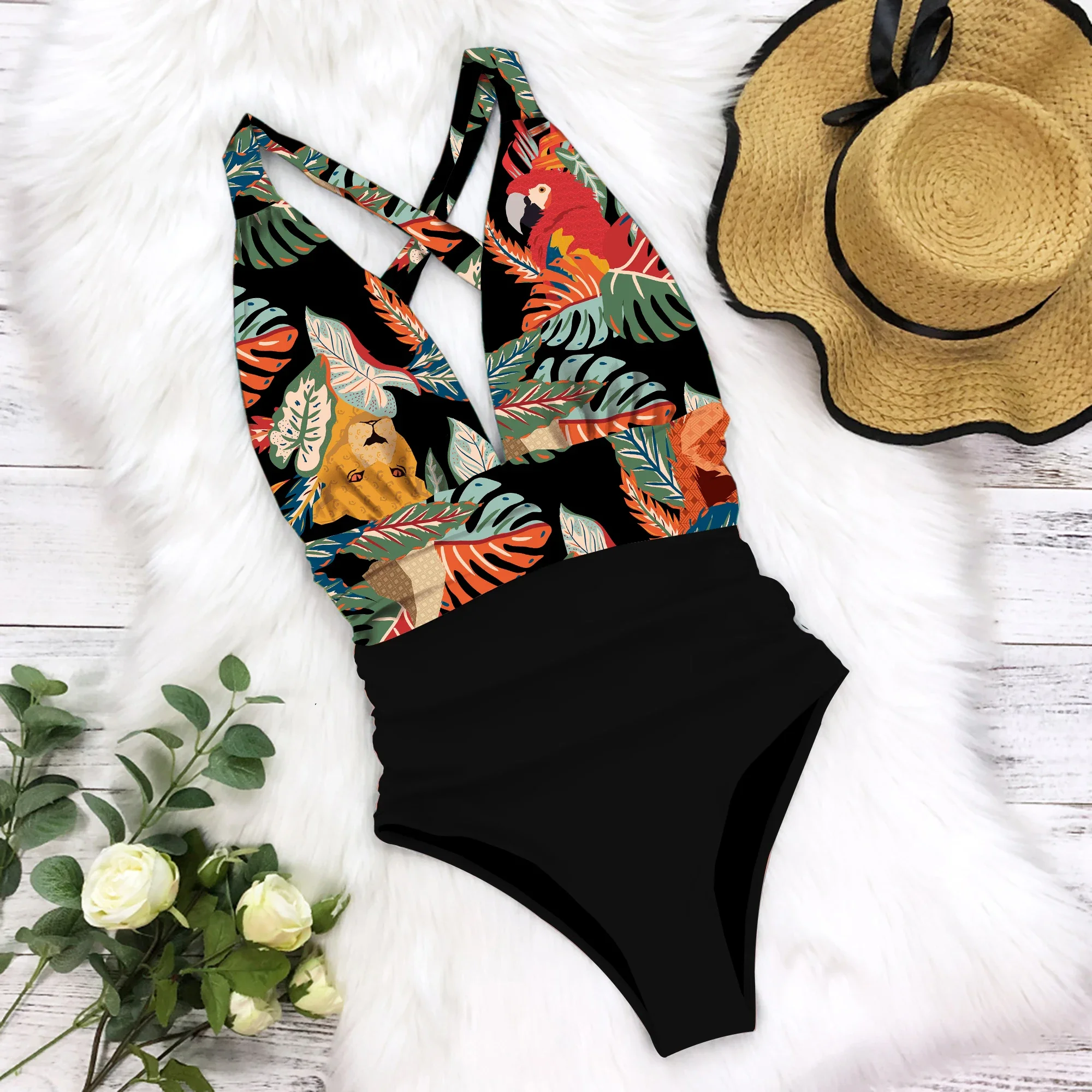 

2024 New Sexy One Piece Swimsuit Female Floral Women Swimwear Push Up Bathing Suits Bodysuits Beach wear Deep V-neck Monokini