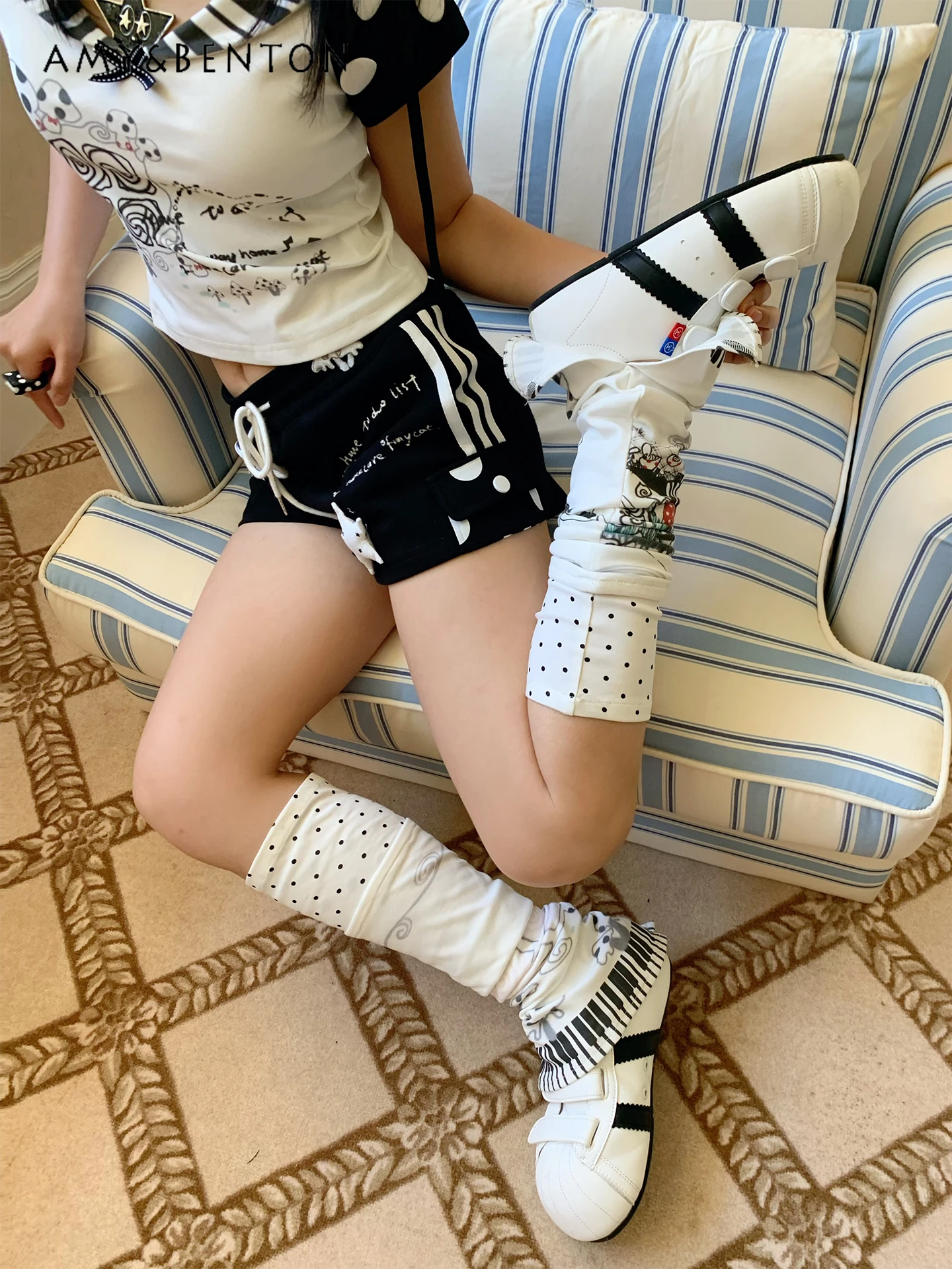 Two-dimensional Anime Girl Polka Dot Printing Splicing Color Leg Warmer Summer Gothic Knee Socks Subculture Y2K Legwarmers Women