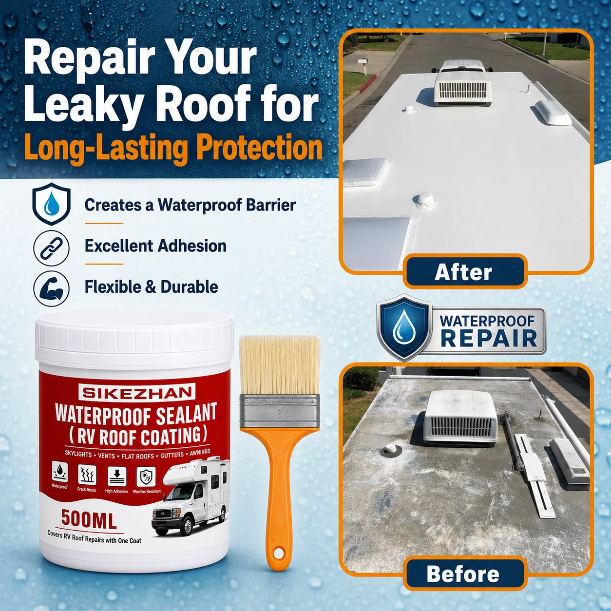 Sikezhan Waterproof Sealant RV Roof Coating Weatherproof Rubber Paint for Flat Roofs Awnings Gutters High Adhesion 500ml Kit