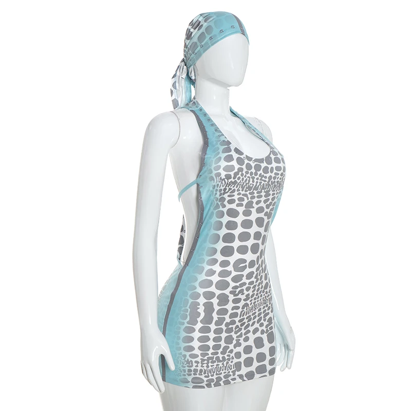 Ärmelloses, rückenfreies Minikleid mit U-Ausschnitt und Trägern, bedruckt, schmal geschnitten – Detail 7