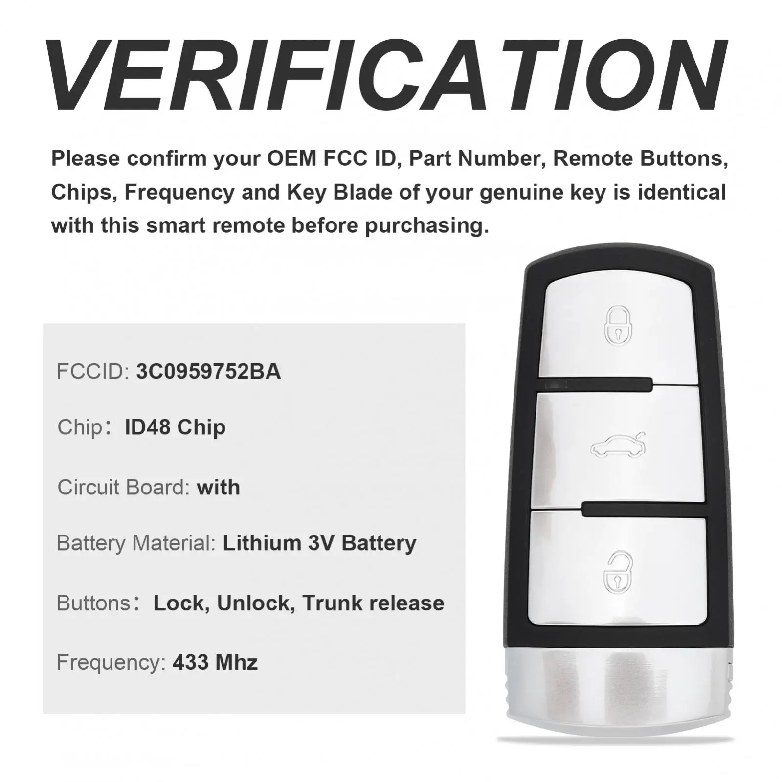 Mando a distancia inteligente con 3 botones sin llave, 433/434MHz, sin cortar, compatible con VW / Passat / Magotan CC 2006-2011, con Chip ID48