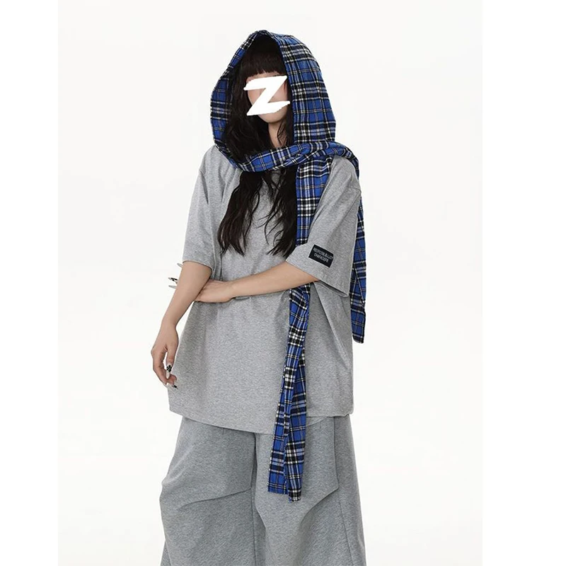 Summer Women O Neck Short Sleeve T Shirts With Removable Plaid Scarf Hat Fashion Fake Two Piece Simple All-match Loose Tops Tee