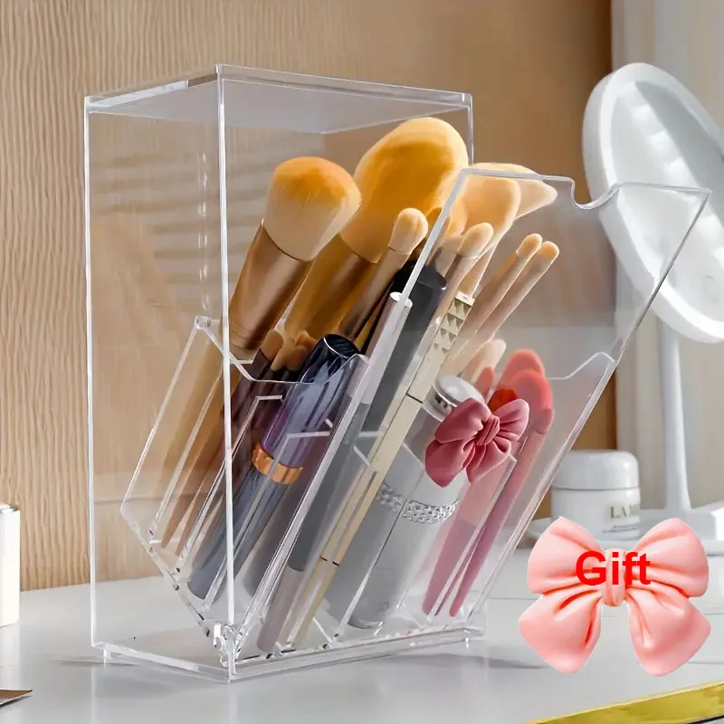 

Acrylic Makeup Brush Holder with Slanted Flip-Top Lid Clear Dustproof Cosmetic Brush Tools Organizer with 17 Slots and Bow Decor