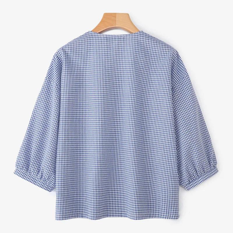 ZANZEA بلوزة كلاسيكية منقوشة موضة النساء على شكل حرف v 3/4 أكمام منتفخة ملابس علوية غير رسمية أنيقة مكتب الشارع الشهير Blusas السيدات تونك