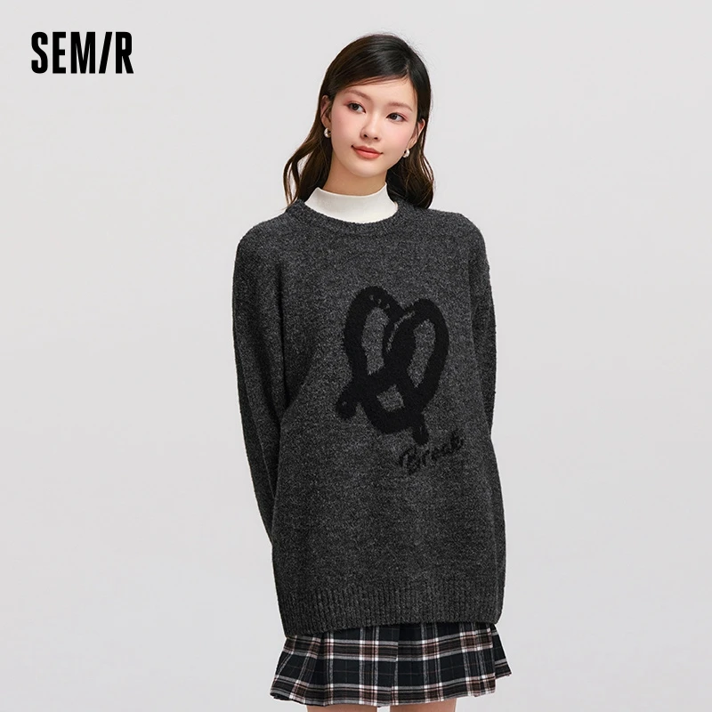 Semir Sweater Women Mid-Length Loose Dropped Shoulder Round Neck Sweater Leisure Lazy 2024 New Winter Jacquard Pullover Sweater