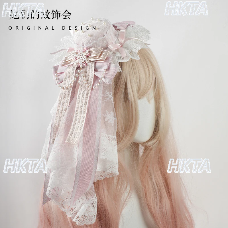

Japanese Handmade Small Things Sweet Lace BNT Hat Girl Pearl Bow Lolita Hairpin Headband KC Hair Clips Apparel Accessories Women