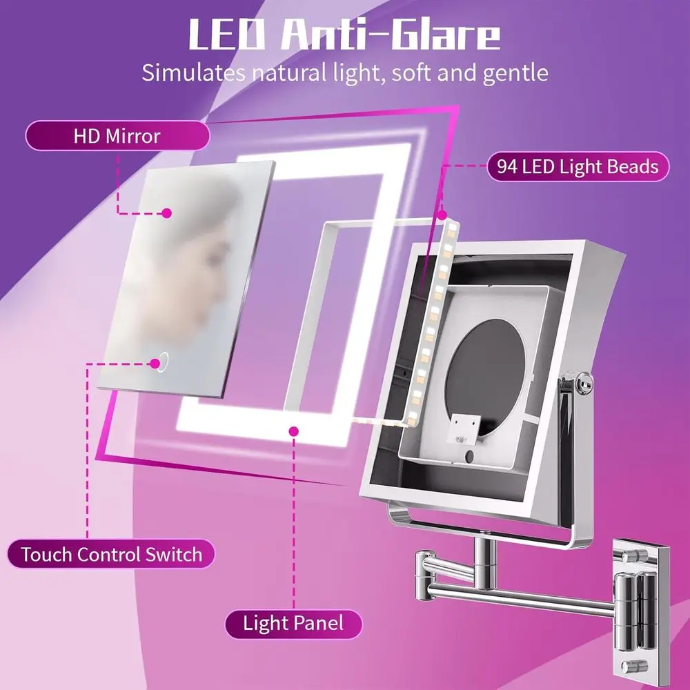 Beleuchteter doppelseitiger Schminkspiegel mit 4000 mAh Akku, 360 °   Rotation, 3 Lichtfarben, Touch-Dimmbar und 1X/10X Magnifica