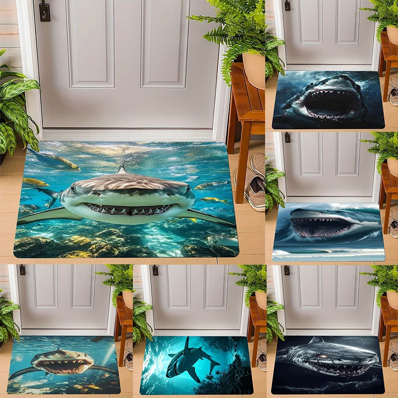 Fußmatte mit realistischem Hai-Muster, Fierce Shark Designs, Unterwasserszene, verschiedene Ausdrücke, Bodenmatte für die Dekoration Ihres Zuhauses