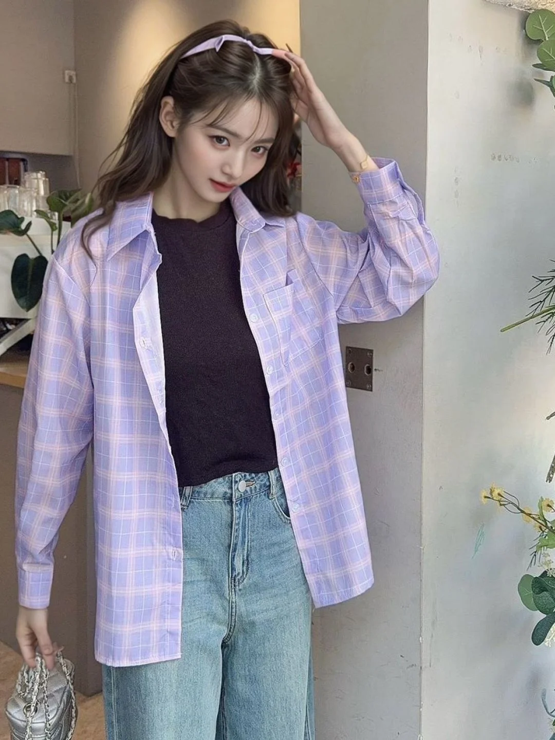 Sun Protection Long Sleeve Casual Shirt Women's Summer Fashion Plaid Design Loose Fit Air Conditioning Shirt Breathable Polye...