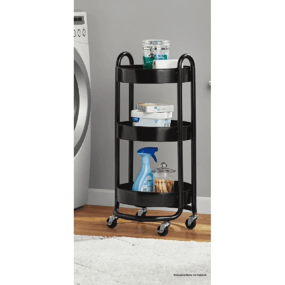 รถเข็นอเนกประสงค์โลหะกลม 3 ชั้น Easy Rolling Storage Solution ห้องนั่งเล่นห้องนอนห้องซักรีดสํานักงานกรอบทนทานพร้อมล็อค