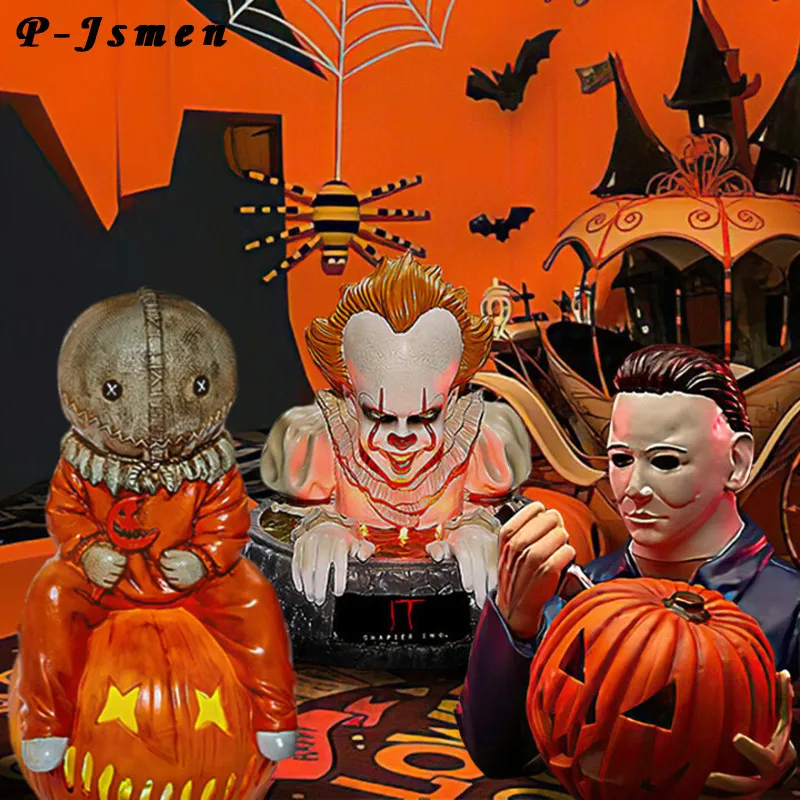 Cafele Horror Movie Garden Gnomes LED Light-Up Michael Myers Statues Pumpkin Trick  Treat Sam Clown Halloween Decorations Resin