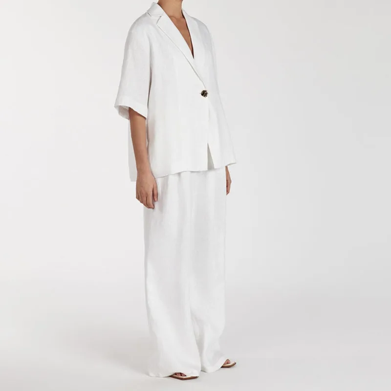 HKSH 2026 Spring Summer New Women Two-piece Set Turn-Down Collar Short Sleeves Single Button Top Solid Color Pants Trend HK18064