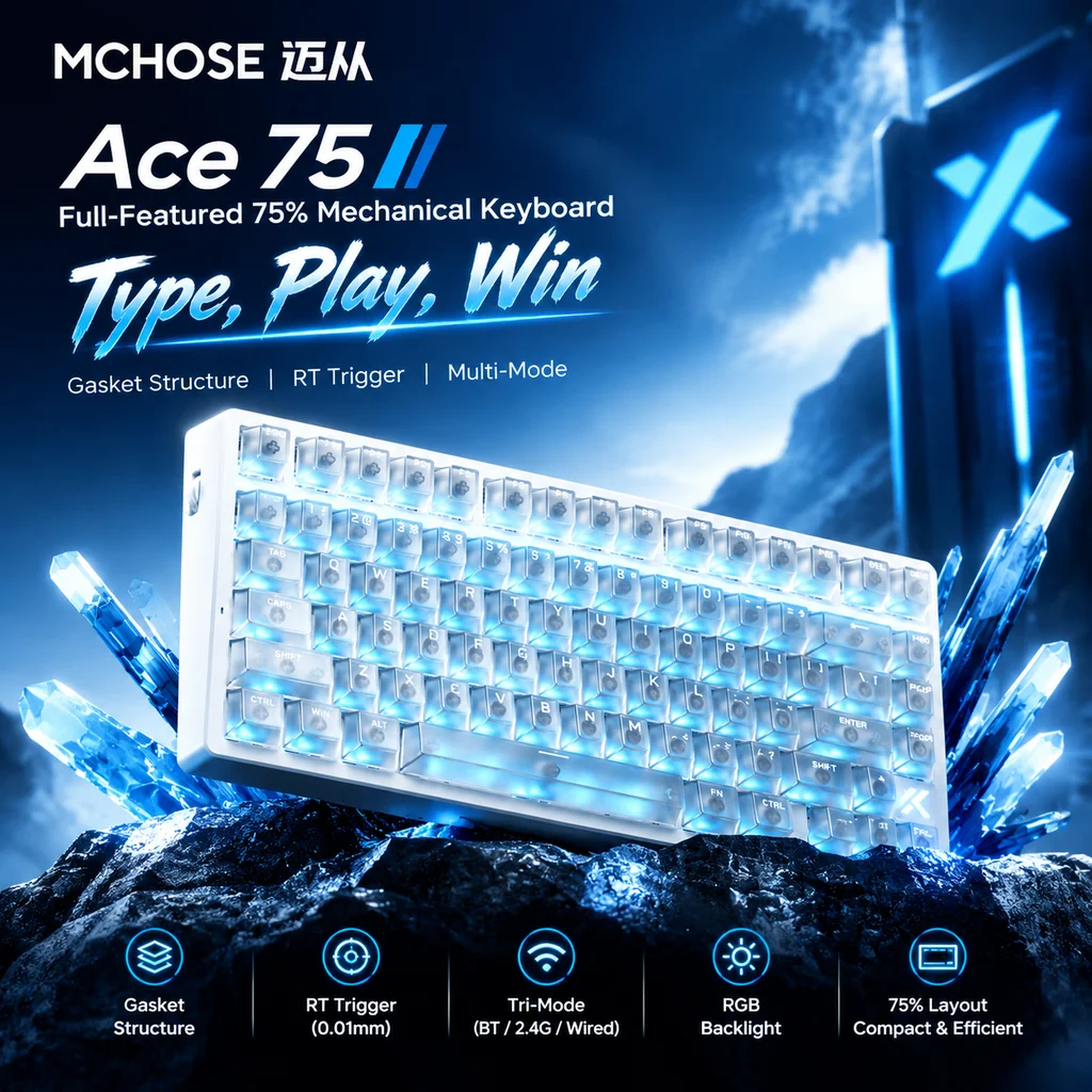 MCHOSE Ace75 Magnetic Axis Mechanical Keyboard Wired RGB Transparent Keycap RT Custom Gaming Keyboard For Esport Valorant Delta