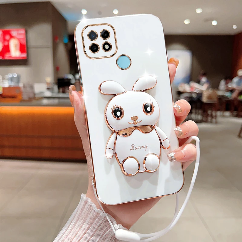 Phone Case for Realme C55 C53 C35 C33 C31 C30 C25 C21Y C20 C17 C15 C12 C11 C3i C1 Plating Square Rabbit Holder Phone Cover