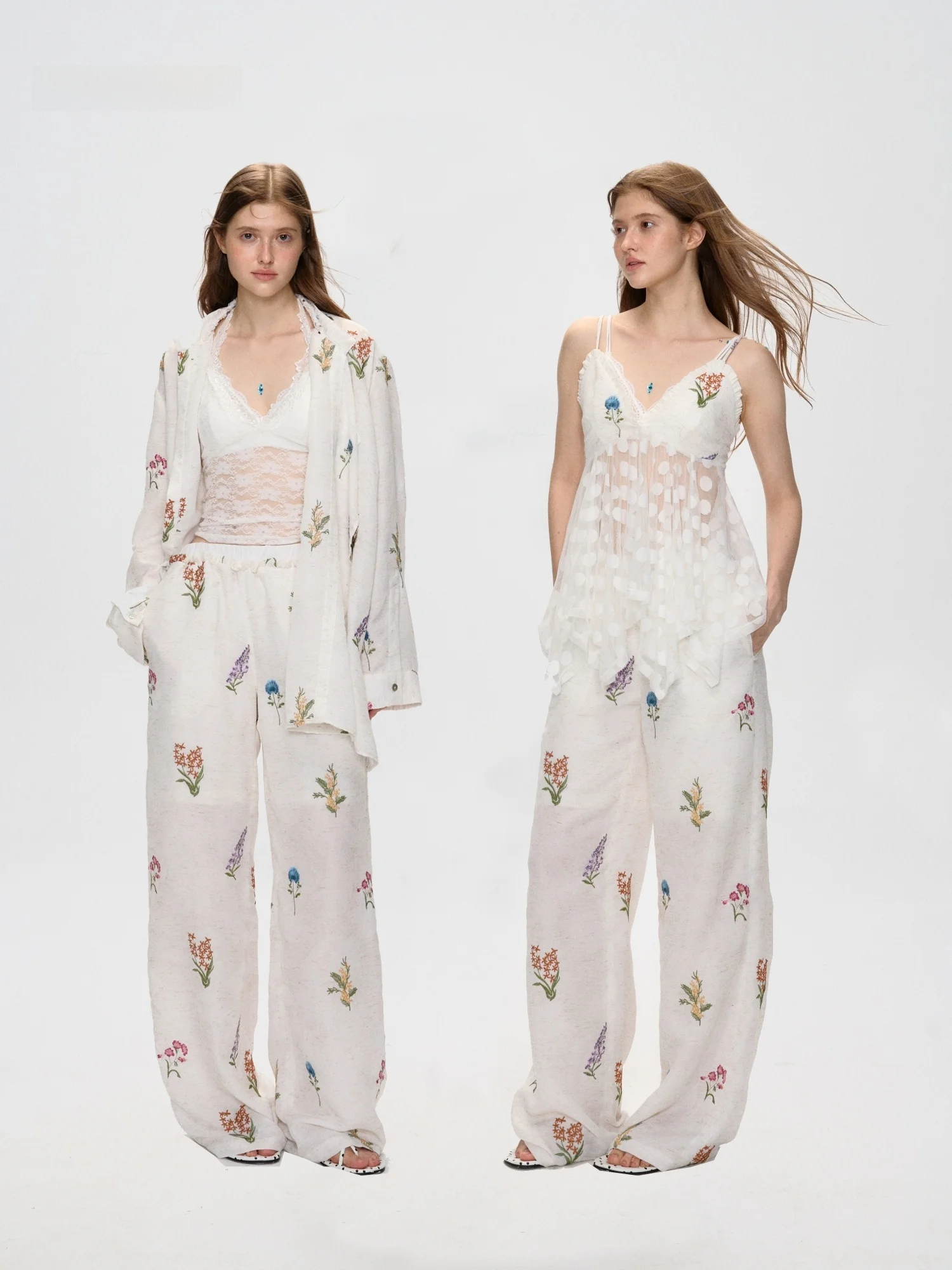 

0AM Sotiiiiired Holiday Floral Embroidery Strap irt Pants Set Women's Original Design Slim Fit Polyester Blend Summer Outfit