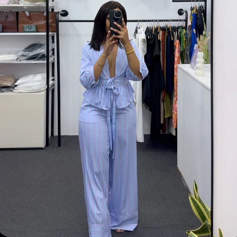 2026 Spring Autumn Sweet Women Two Piece Set Striped Lace Up shirt Top and Pants Set