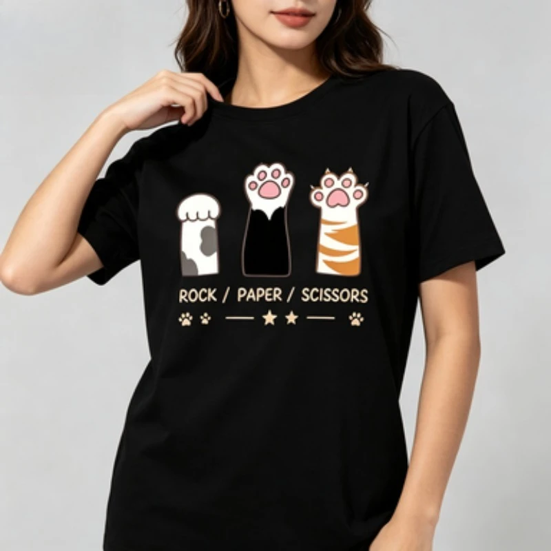Trendy Ladies Crew‑neck T‑shirt Funny Cartoon Kitten‑paw Game Pattern Print Soft Cotton Casual Daily‑wear Summer Women Tops