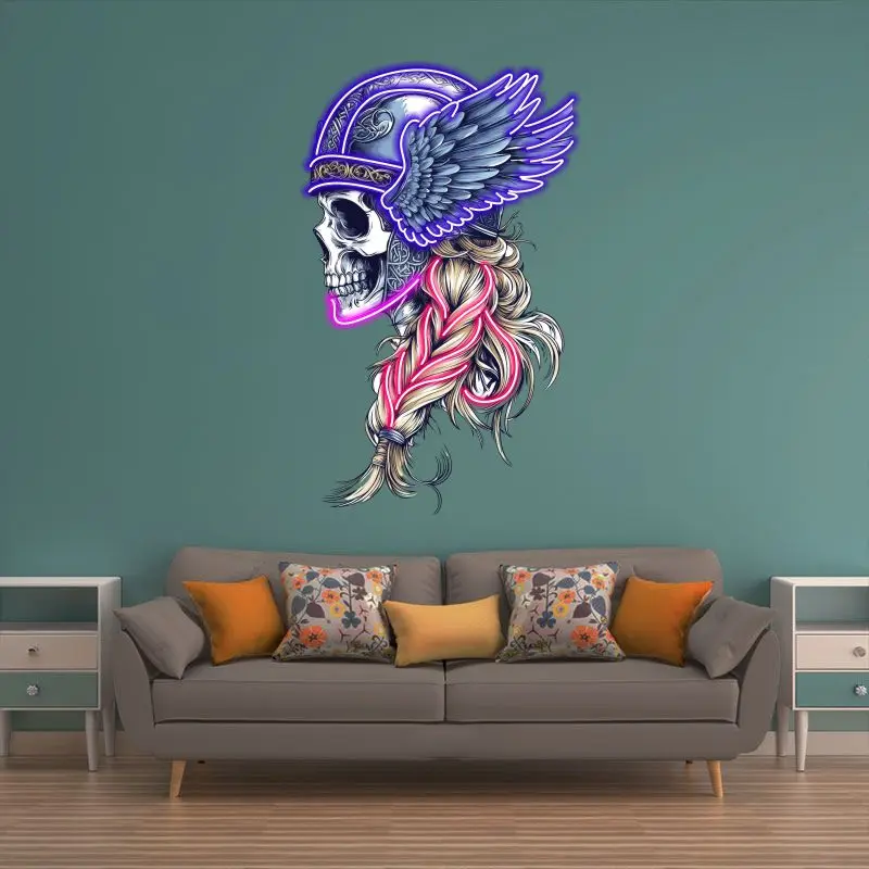 Purple Skull With Braids And Wings Neon Sign, Creative Wall Hanging Neon Light, Whimsical Gift, Halloween Decor