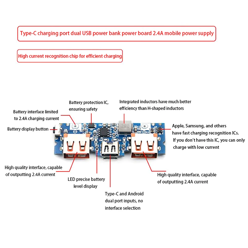 1Pc High Quality Micro/Type-C USB 5V 2.4A Dual USB Power Bank Power Board Boost Module Accessories For Phone