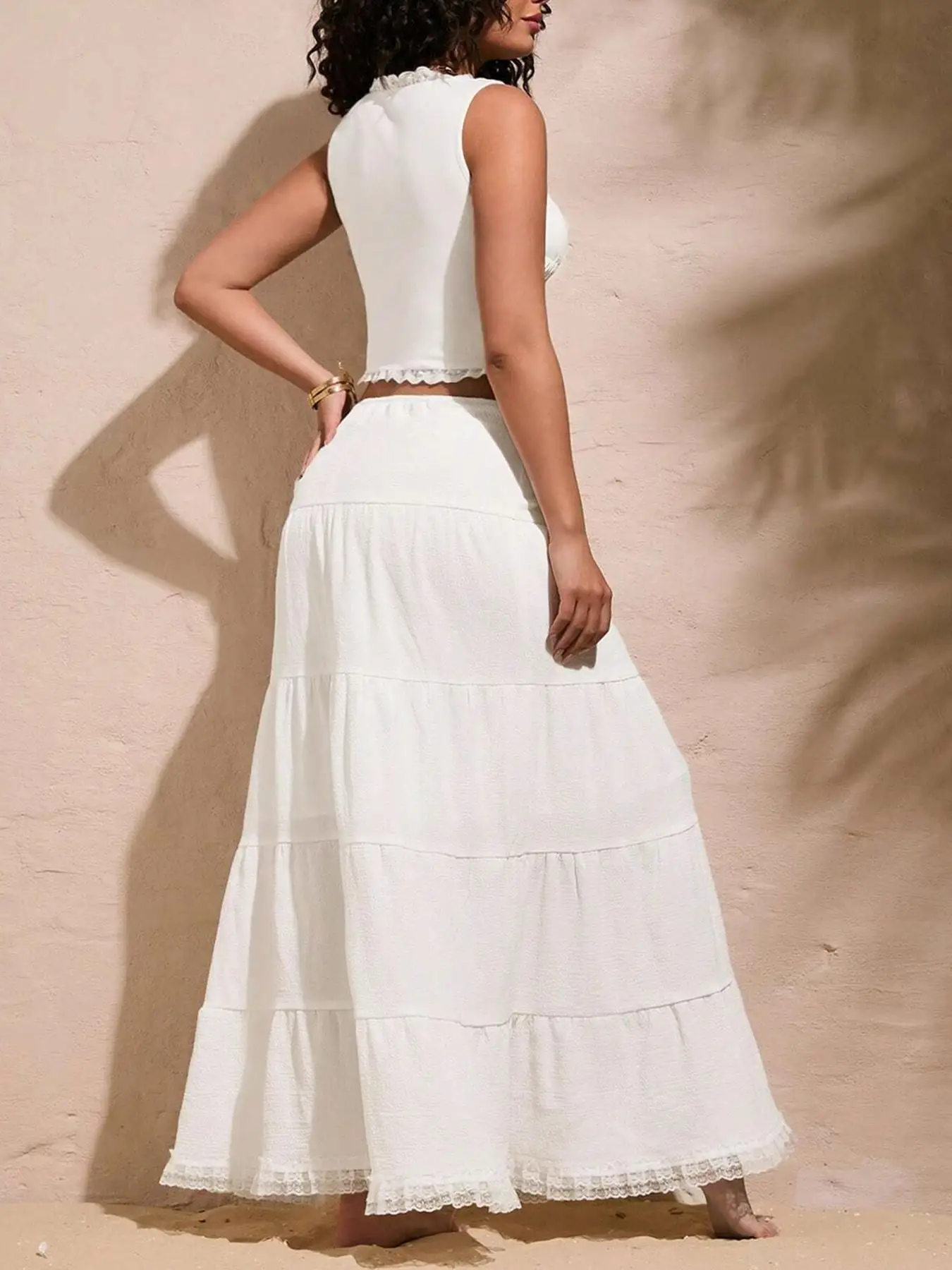Color Block Lace Tank Top And Long Skirt Set Casual Necktie Sleeveless Top for Women Cute Outfit Suitable for Various Occasions